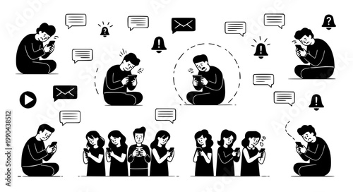 People using smartphones and social media with notification icons in a black and white flat vector illustration set