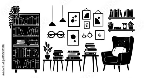Cozy home library interior with bookshelf armchair wall art picture frames house plants and stacks of books vector illustration