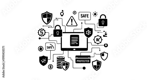 Cyber security system concept with laptop and protection icons, data privacy network safety technology flat vector illustration
