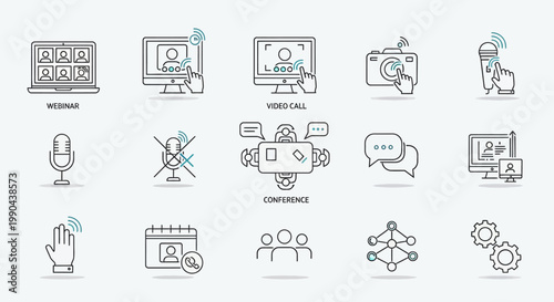 Collection of business and technology icons for online communication and meetings.