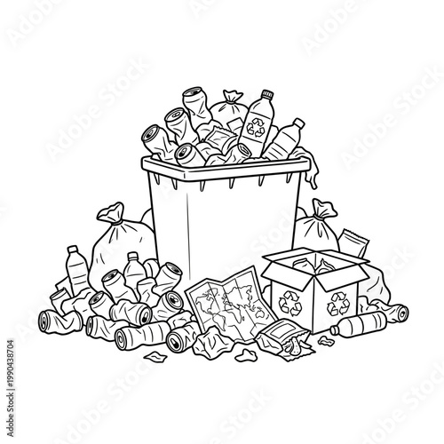 Overflowing trash bin with recyclable waste, garbage and recycling containers, environmental pollution line art vector illustration