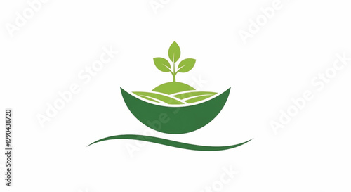 Leaf sprout eco logo with green leaves, wheat-like lines, and a circular bowl shape for sustainable branding