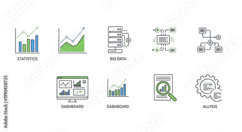 Collection of Hand Drawn Icons Representing Business Analytics and Data Concepts.