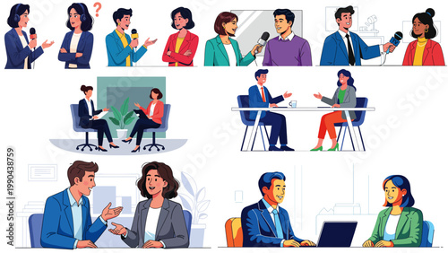 Professional workplace people discussing interview process in modern office setting, showcasing vector-style business communication, teamwork, recruitment strategy, and career opportunities.