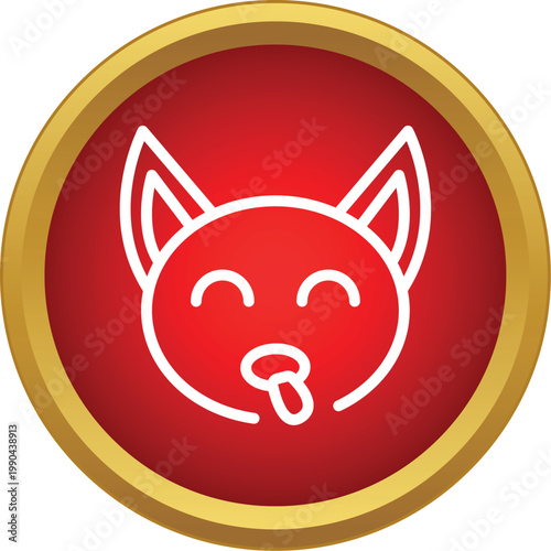 Cat head outline with closed eyes and tongue showing, inside a red button with gold border