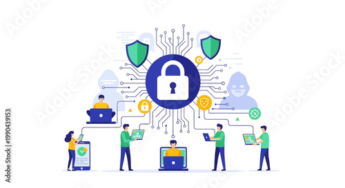 Cybersecurity concept with digital lock and network connections.