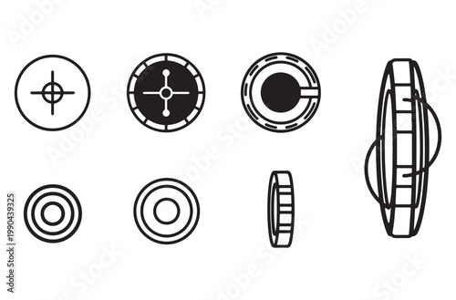 Industrial mechanical bearing icons set for engineering machine part diagram including axial view side view and cross section technical drawing elements isolated on transparent grid