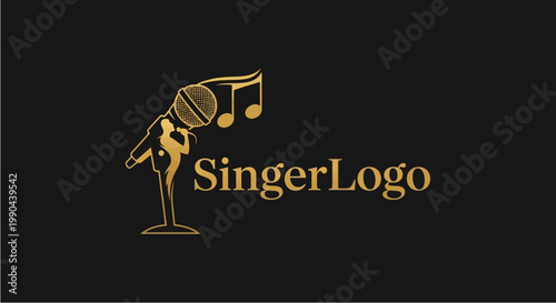 Golden Singer Logo with Microphone and Musical Notes.