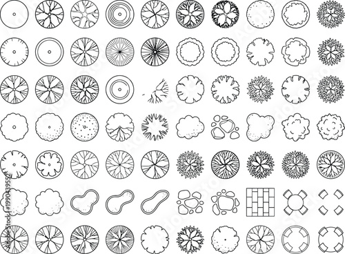 Black white CAD landscape plan symbols set, tree canopies bushes shrubs and planting bed shapes in top view for garden plans, site plans, and urban landscape architecture design