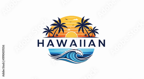 Hawaiian Sunset with Palm Trees and Ocean Waves Logo.