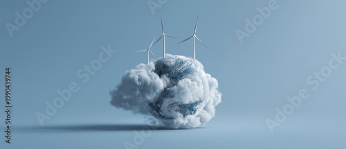 A conceptual view shows the Earth planet wrapped in clouds, with three wind turbines generating clean energy on a blue background.