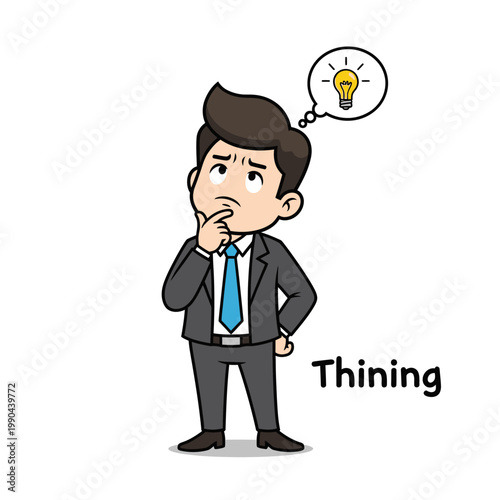 Man in Suit Thinking with Lightbulb Idea Symbol.