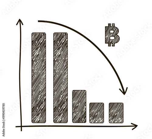 Bitcoin decline chart and graph bars on white background. Cryptocurrency market trading chart displays a prominent bitcoin symbol, emphasizing a digital finance theme. Sketch, hand drawn