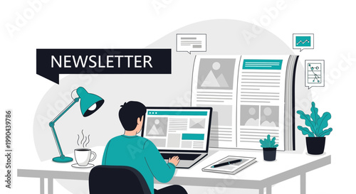 Man working on laptop creating newsletter content at desk.