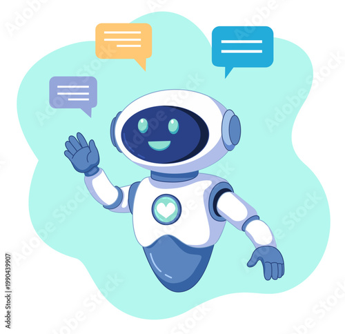 Flat illustration of friendly chatbot robot with speech bubbles, representing AI communication, virtual assistant and customer support. Modern concept of technology, automation and digital inte