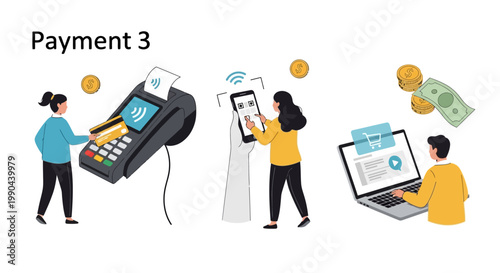 Modern Payment Methods Illustrated - POS, Mobile, and Online Transactions.