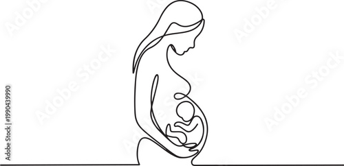 Continuous line drawing of a pregnant woman with a baby in the womb. one line Icon drawing