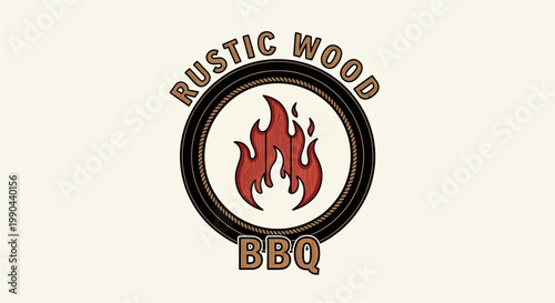 Rustic Wood BBQ Logo with Fiery Flames Emblem.