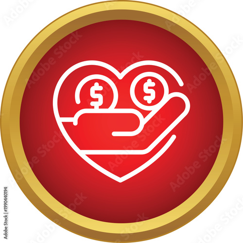 Hand holding two dollar coins inside a heart shape on a red circle, representing charitable giving