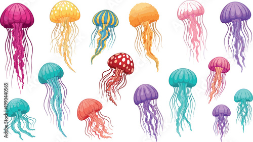 Colorful jellyfish collection with various marine species floating underwater isolated on white background for ocean wildlife illustration and aquatic design concepts