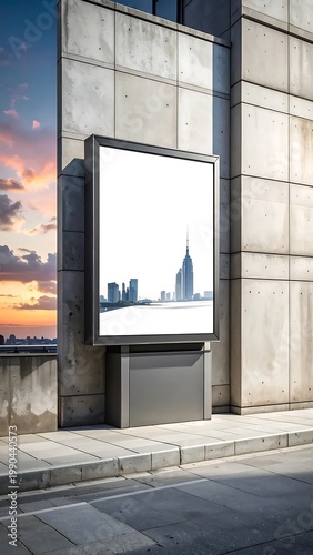 Vertical Outdoor Digital Billboard Mockup On Modern Concrete Facade With City Skyline Graphic At Sunset