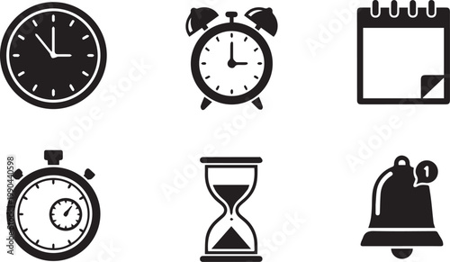 A collection of time management icons including clocks and calendars on a white background