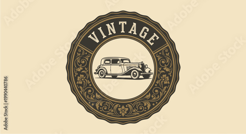 Vintage Automobile Emblem with Classic Car Illustration.
