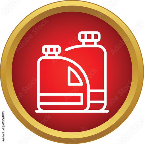 Two liquid chemical bottles for automotive lubricant fluids in a red and gold circle