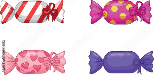 Colorful wrapped candy set with different sweet shapes and patterns isolated on white background for dessert design kids themes and confectionery concepts