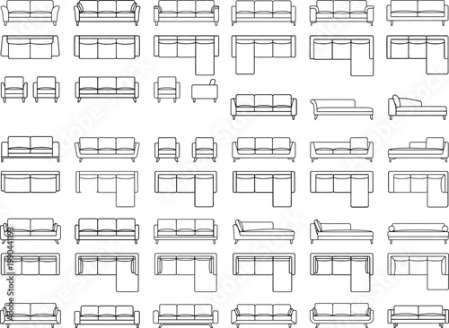 Black and white vector library of 2D CAD-style sofa and couch blocks, arranged in a clean grid as multiple furniture symbols for architectural drawings. Set includes many seating variations such as 2‑