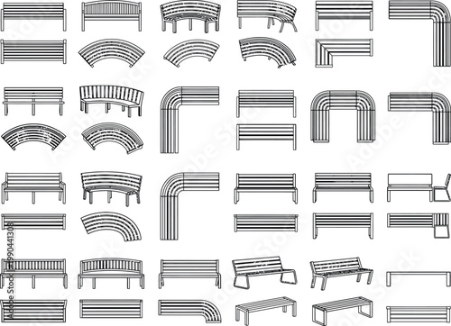 Canvastavla Gray scale CAD bench seating blocks set, curved straight modular benches in plan