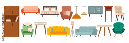 Colorful Retro Home Furniture Illustration Collection with Sofas Chairs Tables and Lamps