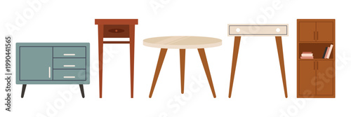 Colorful Retro Home Furniture Illustration Collection with Sofas Chairs Tables and Lamps