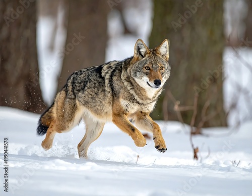 Wild Coyote Running Through Deep White Snow In A Winter Forest During A Bright Day Alert Predator In A Snowy Landscape Action Shot