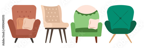 Colorful Retro Home Furniture Illustration Collection with Sofas Chairs Tables and Lamps