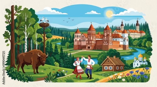 Idyllic Rural Landscape with Traditional Dancers and Wildlife