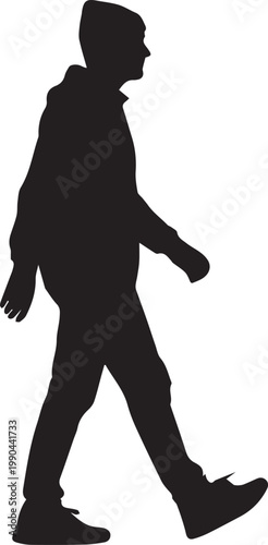 A black silhouette of a man walking alone on a white background