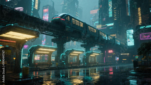 A futuristic cityscape at night with a train on an elevated track and neon lights reflecting off the wet pavement