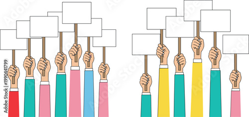 Crowd holding blank protest signs raised hands demonstration illustration isolated on white background for activism social movement and public awareness concepts