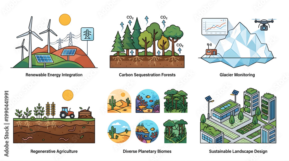 Αυτοκόλλητο A collection of six distinct environmental illustrations showcases various ecological concepts such as renewable energy integration, carbon sequestration forests, glacier monitoring, regenerative
