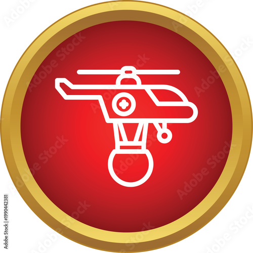 Helicopter dropping water from a bucket for emergency fire suppression