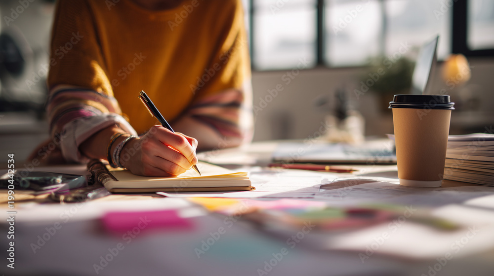 Obraz premium modern female entrepreneur workspace with a woman writing notes in a notebook, close-up of hands with a pen, aesthetic lifestyle shot featuring a blue coffee mug and creative office supplies