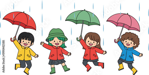 Children jumping in rain vector set featuring 4 happy characters in raincoats and boots with umbrellas for weather education and nursery art.