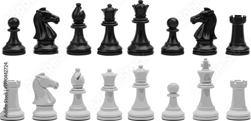 Classic chess pieces vector set featuring black and white Staunton knight queen and king icons for strategy game design and education.