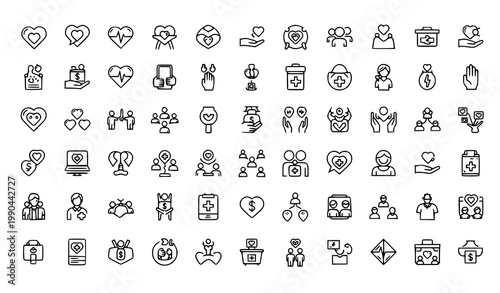 Love friendship care and charity icon set with community support symbols in clean outline 64x64 vector illustration
