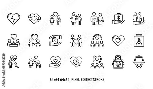 Modern love and charity icon collection with friendship and care outline symbols in 64x64 vector design