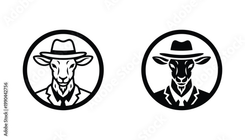 Goat character wearing hat and suit icon set in circular frame black and white vector illustration