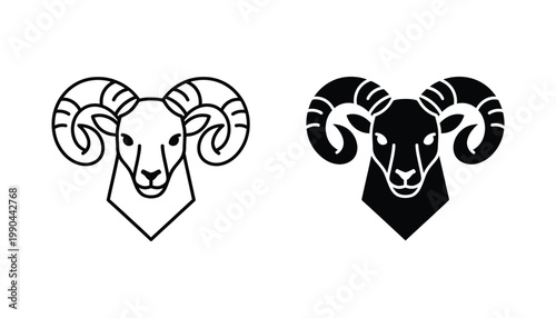 Ram head mascot icon set with large curling horns in outline and solid black vector style