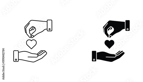 Hands holding heart icon set in outline and solid black vector style representing charity and donation concept