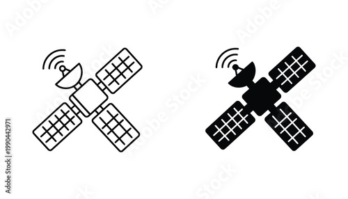 Communication satellite icon set for global telecommunications and space technology industries in clean vector line art and solid black silhouette
